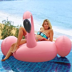 Giant inflatable flamingos ride on floating objects in the swimming pool, equipped with fast valve swimming rafts, suitable for summer party decoratio