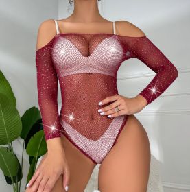 Women's Rhinestone Underwear Long Sleeve Fishnet Clothes (Option: Wine Red-Free Size)