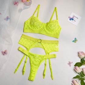 Women's Mesh Comfortable Splice Sexy Waist Cover Underwear Three Piece Set (Option: Fluorescent Yellow-S)