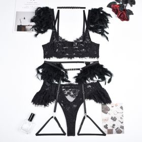 Feather Sexy Lingerie Lace Women Underwear Bra Panty (Option: Black-S)