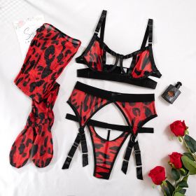 Wild Leopard Print Mesh Hollow Lingerie Stockings Sexy Lingerie Set (Option: Red Leopard Print-S)