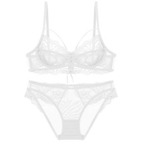 Ribbon Big Chest Show Small Half See-through Bra Set (Option: White-70A)