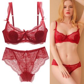 Women's Sexy Lace Transparent Super Thin Push Bra Set (Option: Red-70A)