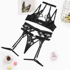 Summer New Complex Craft Love Drill Buckle  Cutout Embroidery Halter Underwear Set (Option: Black-S)