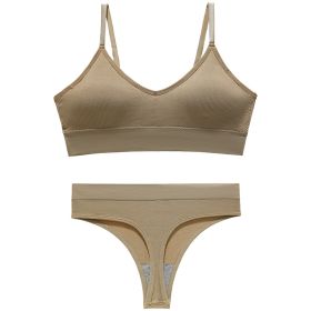 Women's Fashion Simple Wireless Spaghetti Strap Bra Shorts Suit (Option: Khaki-L)