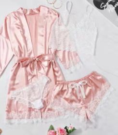 Lingerie Satin Pink Striped Coat Lace Bra Underwear Four-piece Set (Option: Pink-XL)