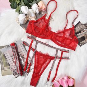 Women's Underwear Lace Three-point Rhinestone Leg Ring Three-piece Set (Option: Red-M)