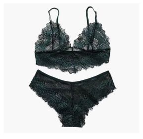 European And American Ultra-thin Big Chest And Small Lace Underwear Set (Option: Dark Green-M)