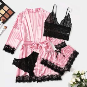 Lingerie Satin Pink Striped Coat Lace Bra Underwear Four-piece Set (Option: Striped Black-L)