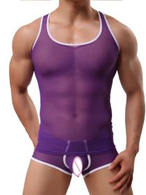 American Men's Erotic Underwear Mesh Vest (Option: Purple-M)