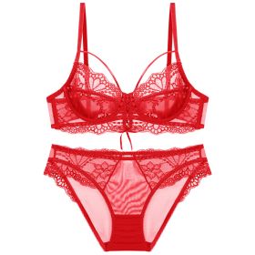 Ribbon Big Chest Show Small Half See-through Bra Set (Option: Red-70A)