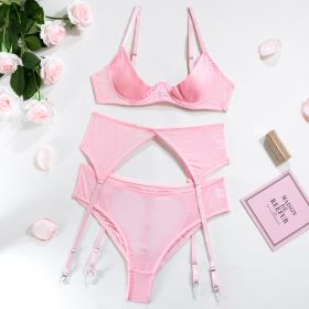 Pink Breast-exposed Hip Sexy Lingerie Three-piece Set New Hollow-out Beautiful Style Hip-exposed Hot (Option: Pink-S)