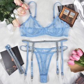 Women's Underwear Lace Three-point Rhinestone Leg Ring Three-piece Set (Option: Light Blue-L)