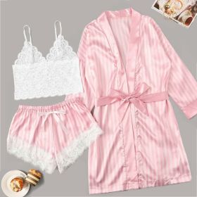 Lingerie Satin Pink Striped Coat Lace Bra Underwear Four-piece Set (Option: White Striped-L)