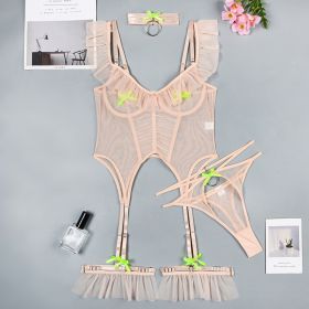 High Quality 4 Pieces Mesh Girls Sexy Lingerie Sets (Option: Apricot-M)