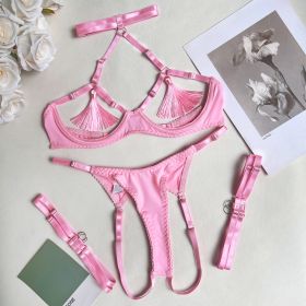 Tassel Underwear Steel Ring Mesh Underwear Suit Sexy Kit (Option: Pink-M)