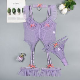 High Quality 4 Pieces Mesh Girls Sexy Lingerie Sets (Option: Light Purple-M)