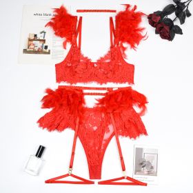 Feather Sexy Lingerie Lace Women Underwear Bra Panty (Option: Red-XL)