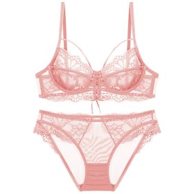 Ribbon Big Chest Show Small Half See-through Bra Set (Option: Pink-85E)