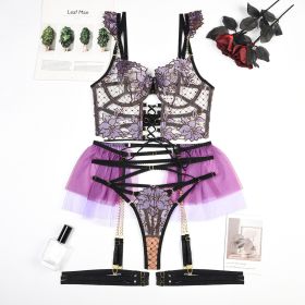 Heavy Industry Chain Mesh Stitching Sexy Lingerie Four-piece Set (Option: Purple-XL)