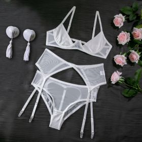 Pink Breast-exposed Hip Sexy Lingerie Three-piece Set New Hollow-out Beautiful Style Hip-exposed Hot (Option: White Breast Pad-L)